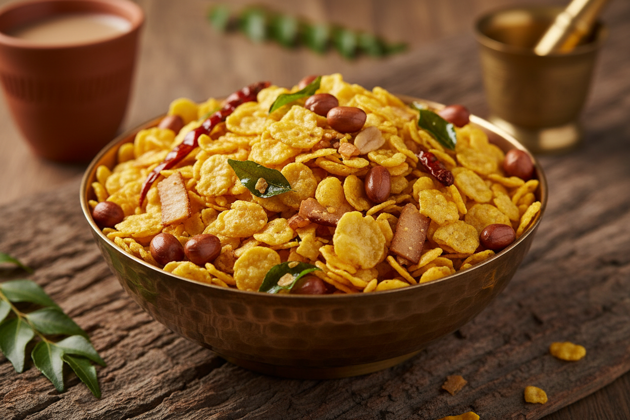 corn chivda with peanuts curry leaves