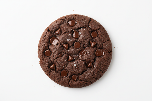 flat chocolate cookie with Chaco chips on toping 