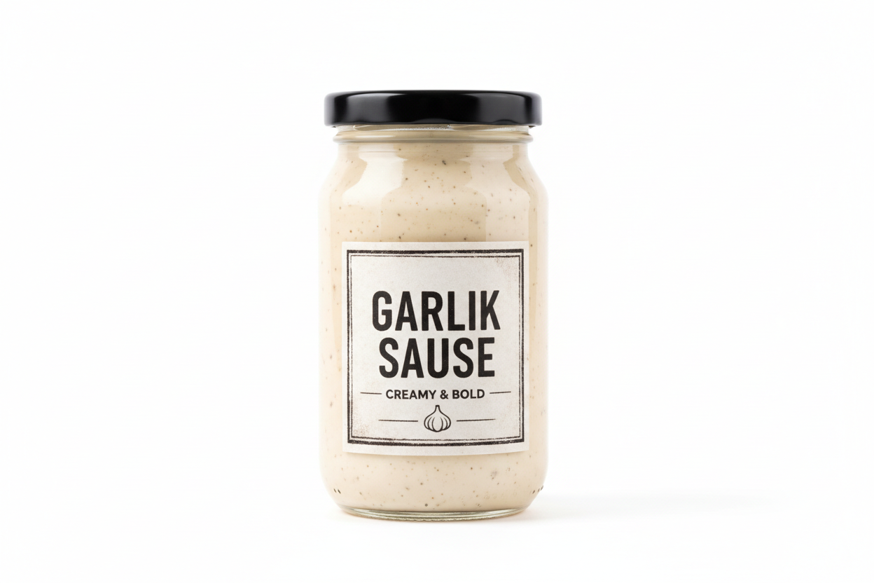 write name garlik sause black colour lid